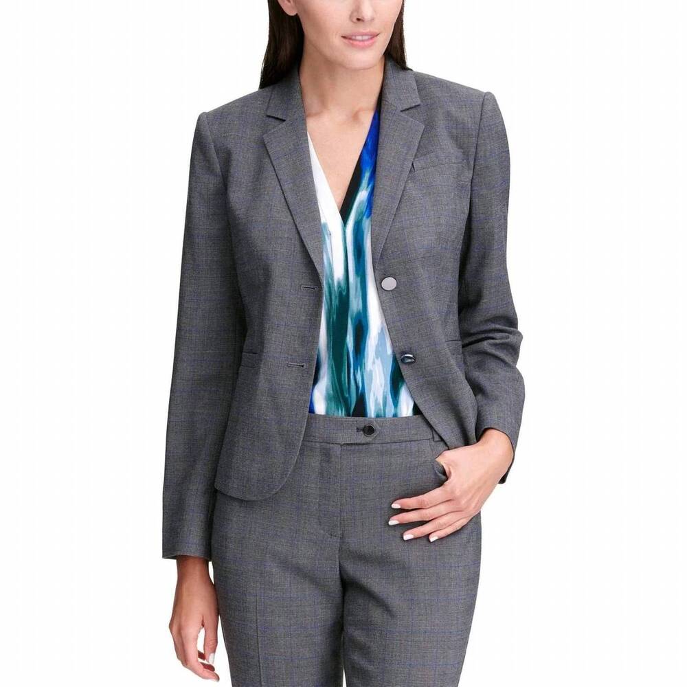 NEW CALVIN KLEIN women's plaid office wear two-button blazer in gray